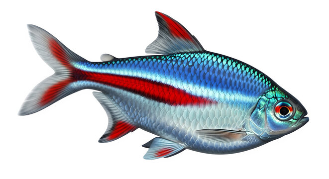Neon tetra fish isolated on white background, vibrant tropical aquarium fish with blue and red stripes, exotic freshwater characin species