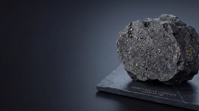 Carbonaceous chondrite meteorite specimen resting on a display stand