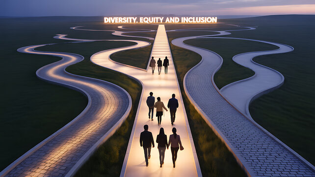 People walking on illuminated paths with text symbolizing creativity, art, and imagination