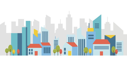 Colorful Flat Design Cityscape with Buildings and Trees. © Molen