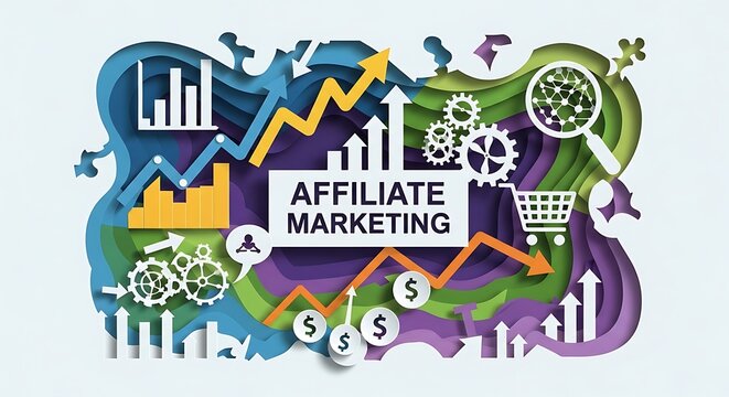 Affiliate Marketing Success: Growth, Charts, Gears, Shopping Cart, Magnifying Glass