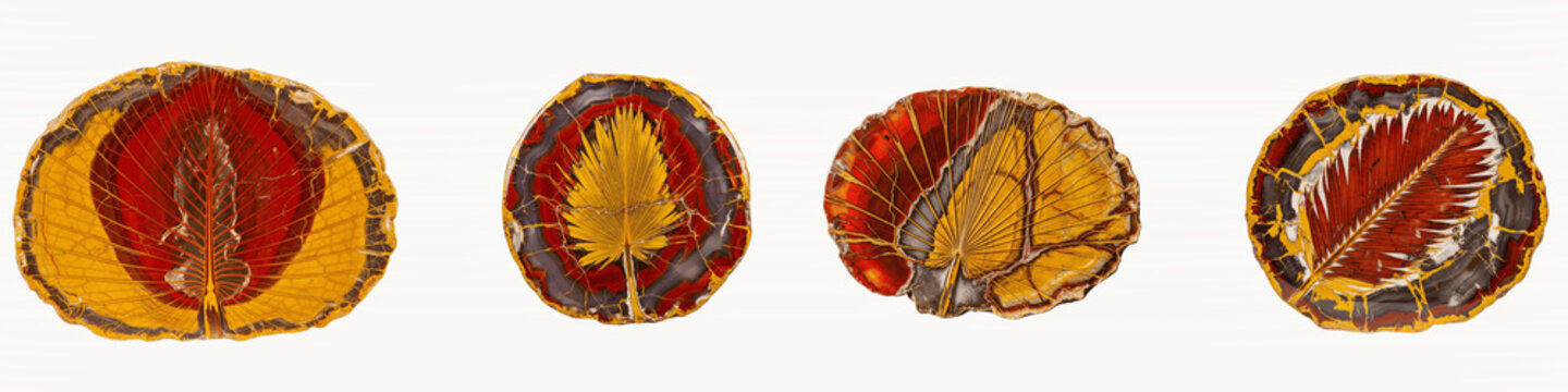 Collection of natural tropical palm leaves embedded in polished agate slices