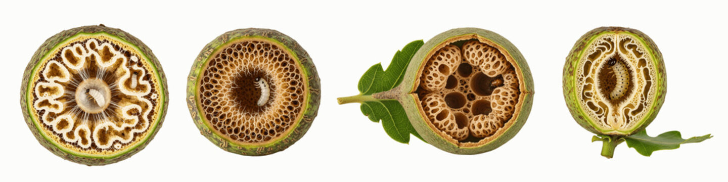 Collection of oak galls cut in half showing internal larvae development