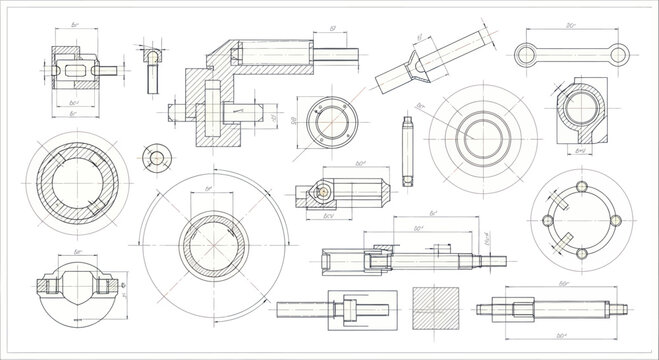 Detailed engineering blueprint with various mechanical components and dimensions.