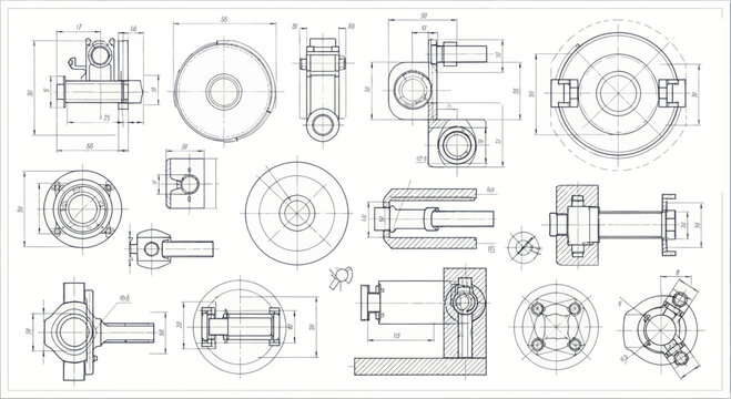 Detailed engineering blueprints and technical drawings of mechanical components.
