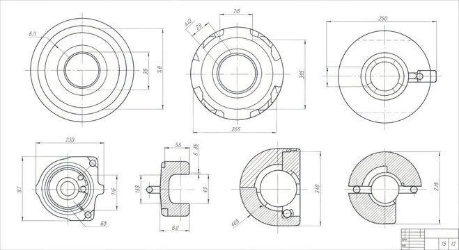 Detailed engineering drawing of a mechanical part with multiple views and dimensions.