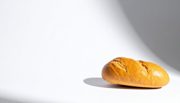 Close-up of a fresh, golden bread roll on a white surface with shadow