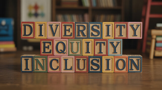 Wooden blocks spelling diversity equity inclusion for engaging brand promotion and marketing
