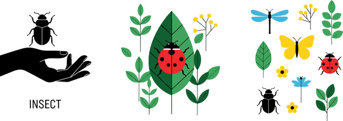 Flat Cartoon Insect Collection Ladybug Butterfly Dragonfly Beetle Hand Silhouette Leaf and Flower Vector Illustration Set for Nature Design © Shakhawat