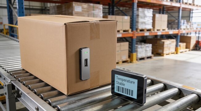 Enterprise package tracking visual with digital sensor and stable temperature readout, clean business logistics image for shipment integrity, warehouse control and transport monitoring