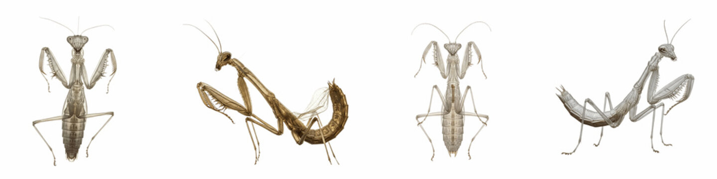 Collection of praying mantis insects in various poses isolated on black