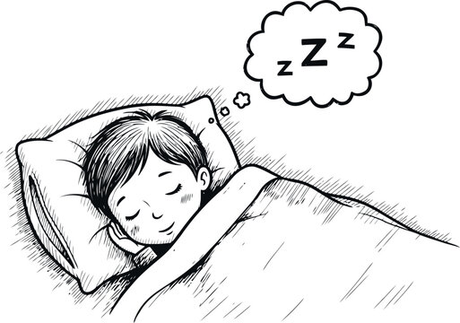 Child peacefully sleeping in bed with zzzs in a thought bubble