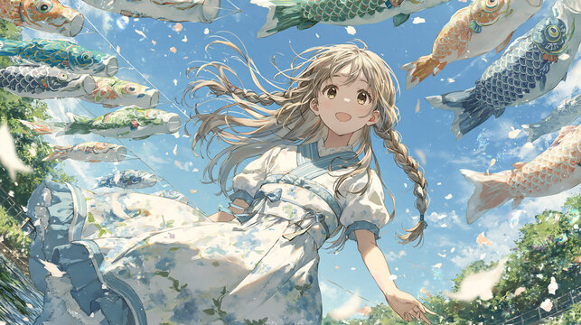 Smiling Girl with Koinobori Carp Streamers in Blue Sky, Fresh Spring Breeze Atmosphere,青空に舞うこいのぼりと笑顔の少女 春の爽やかな空気感と風を感じるイラスト