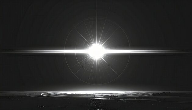 Fonte de luz branca brilhante com reflexos radiais e horizontais em fundo escuro abstrato