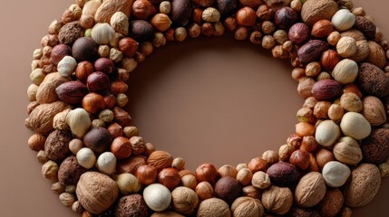 Obraz premium Elegant arrangement of various types of nuts and seeds forming a decorative wreath on a smooth surface in warm natural tones for festive occasions