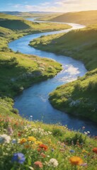Naklejka premium Scenic Winding River Flowing Through Lush Green Hills and Wildflower Meadows at Golden Hour