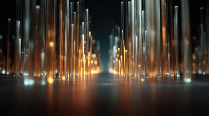 Obraz premium Abstract futuristic landscape with glowing vertical lines creating depth and light effects in a dark environment, perfect for technology or creative themes