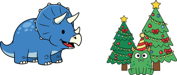 Cartoon triceratops dinosaur and Christmas trees with cute monster illustration set, prehistoric animal and holiday festive themed vector collection design © Mst