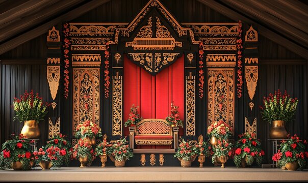 Batak Cultural Reception Backdrop with Red and Gold Ornaments