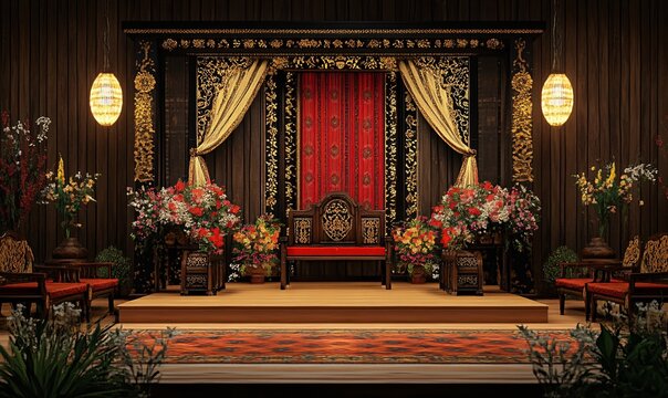 Batak Cultural Reception Backdrop with Red and Gold Ornaments