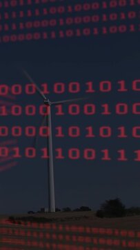 Vertical video: Red binary grid starting to scroll, turbine rotating slowly, showing energy data
