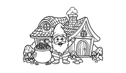 Naklejka premium Cute waving gnome with treasure pot in front of cottage black and white outline vector illustration fantasy coloring design
