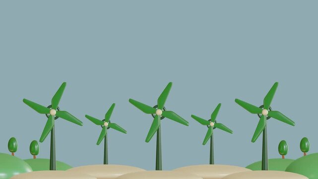 3D rendered windmill on green hills with trees animation, renewable energy concept.
