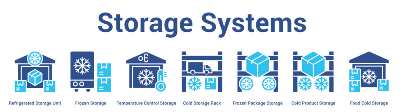 Storage Systems web banner icon set vector illustration concept for business with icon of Refrigerated Storage Unit, Frozen Storage, Temperature Control Storage, Cold Storage Rack, Frozen Pack.