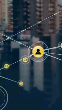 Vertical video: Central yellow node emitting lines, spawning chat bubbles and growing tech network