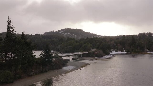 Puente Angostura on Ruta Provincial 77 Circuito Chico in San Carlos de Bariloche R&iacute;o Negro Argentina crossing the channel between Moreno Este and Moreno Oeste, Nahuel Huapi National Park, drone shot