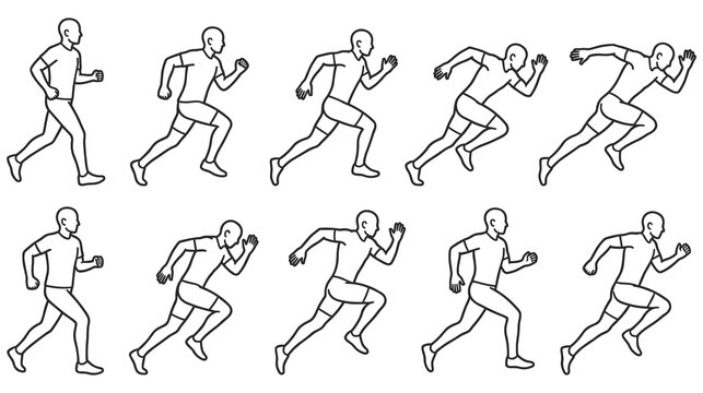 Sequence of human figure running line art icons showing different motion phases.