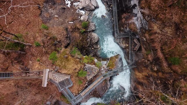 Aerial: top down drone shot of Pochtenkessel deep rock funnel during the day near Adelboden, canton of Bern, Switzerland