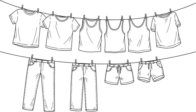 Hand drawn sketch of laundry drying on clotheslines outdoors