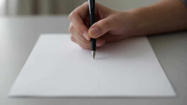 A person is writing on a blank sheet of paper with a pen in a quiet and focused moment.