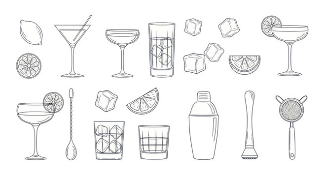 Collection of Hand Drawn Cocktail Glasses and Bar Tools.