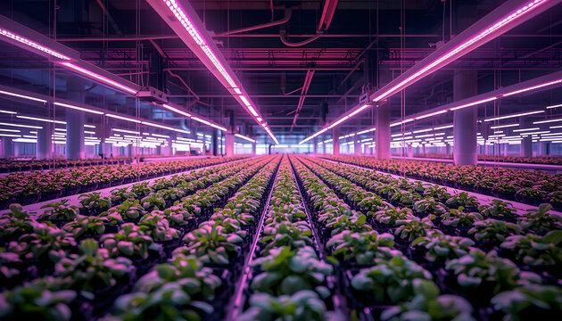 A captivating view of a futuristic indoor farm, bathed in purple light. Ideal for illustrating sustainable agriculture, innovative technology, and fut