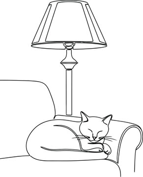 Cozy cat napping under a lamp on a sofa sketch