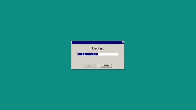 Retro nostalgic computer loading dialog box pop up window on vintage teal desktop background