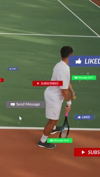 Vertical video: Sports tennis player tossing ball serving baseline causing icons overlaying player