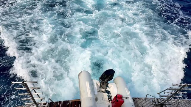 Yacht Stern View of Rigid Inflatable Boat Moving Through Deep Blue Ocean Wake Under Bright Summer Sun High Angle Perspective Capturing White Foaming Waves And Teak Decking Textures During Voyage