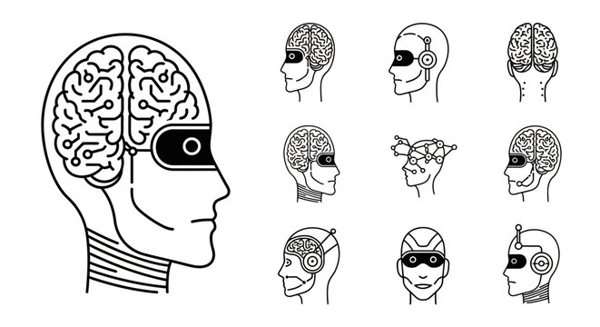 Collection of stylized human heads with visible brains and technological elements.