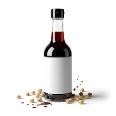 Glass bottle with soy sauce and soybeans on white background for culinary or product design use © Tama's