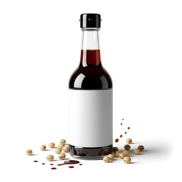 Glass bottle with soy sauce and soybeans on white background for culinary or product design use