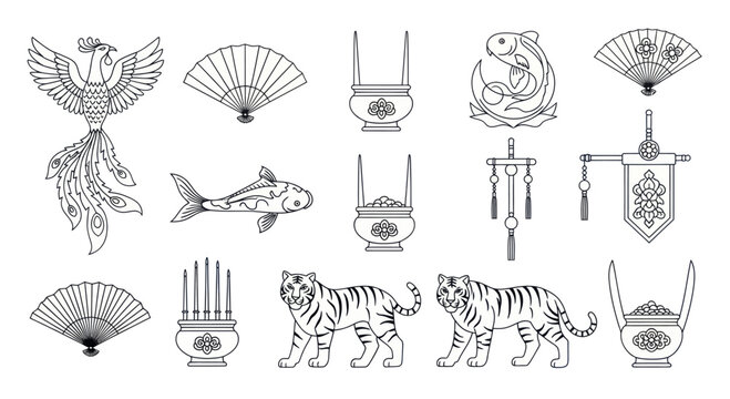 Collection of Traditional Asian Cultural Symbols and Animals.