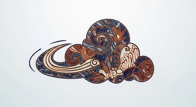 Stylized dynamic cloud form with intricate floral and swirling patterns in earthy and cool tones