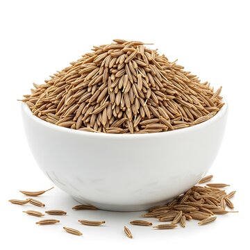 A white bowl overflowing with cumin seeds on a white surface with some seeds scattered around isolated on white background