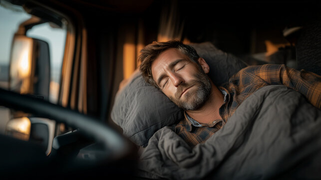 Serene slumber in the cab: a weary trucker finds peace within his truck's cabin, wrapped in a blanket. The photograph captures the essence of tranquility.