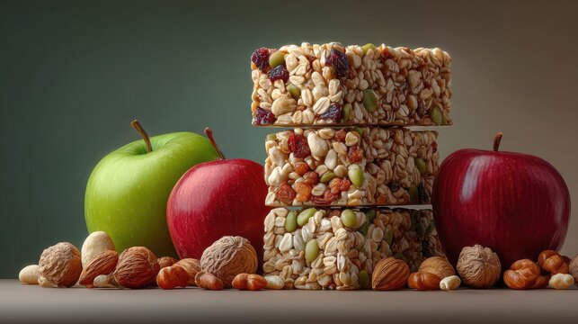 Healthy Snack Arrangement with Granola Bars, Fresh Apples, Nuts, and Seeds on a Neutral Background for Nutrition and Wellness Themes