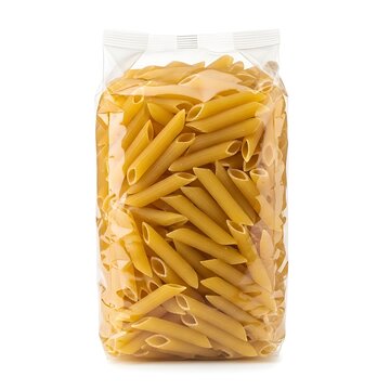 A clear plastic bag filled with penne pasta on a white background