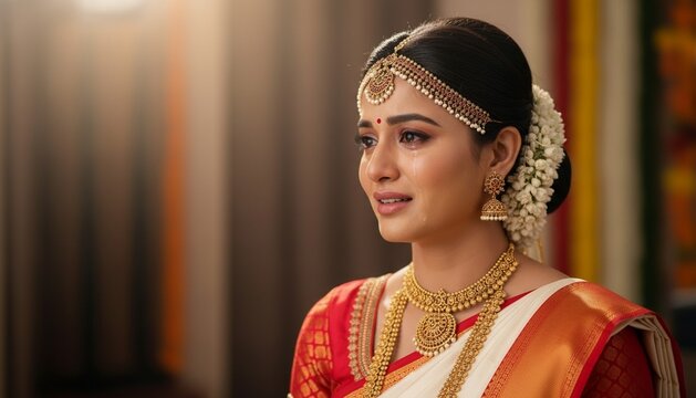 Emotional indian bride in traditional wedding attire with tearful eyes